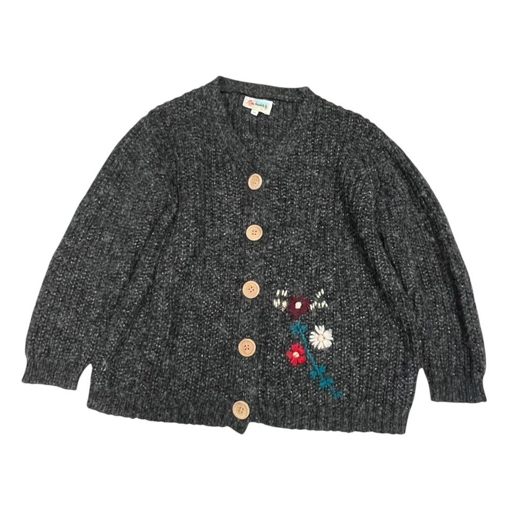 Yunerma Charcoal Knit Cardigan with Embroidered Floral